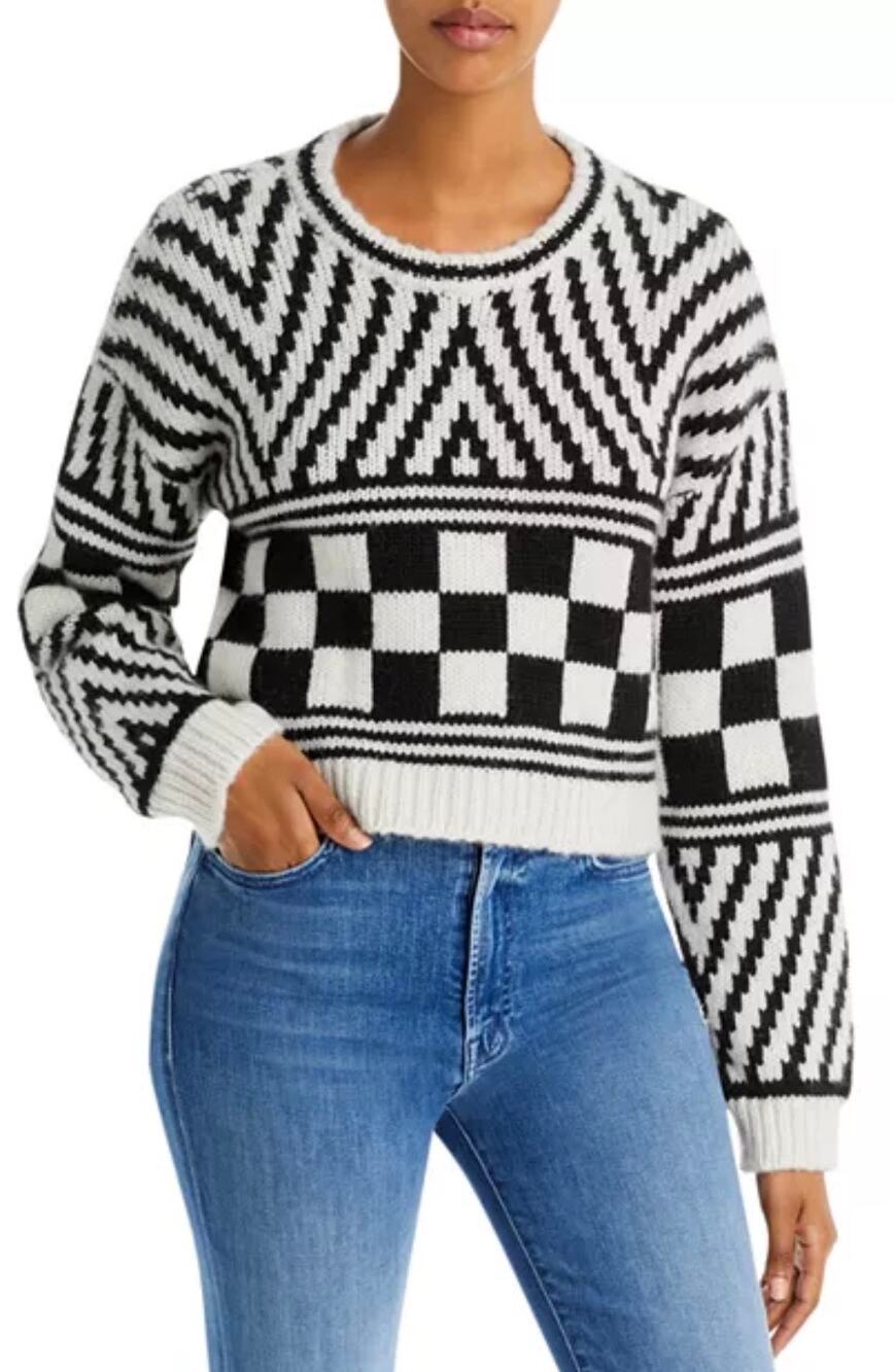 Mother Crewneck Cropped Sweater Alpaca Wool Blend Graphic Black Print